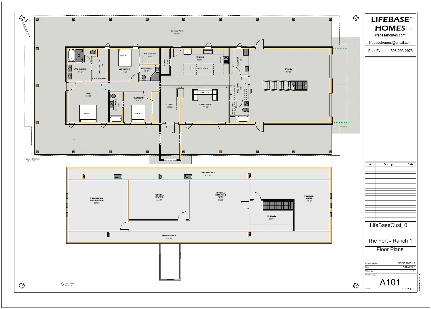 The Fort Ranch 1 — sheet A101, floor plans for both levels