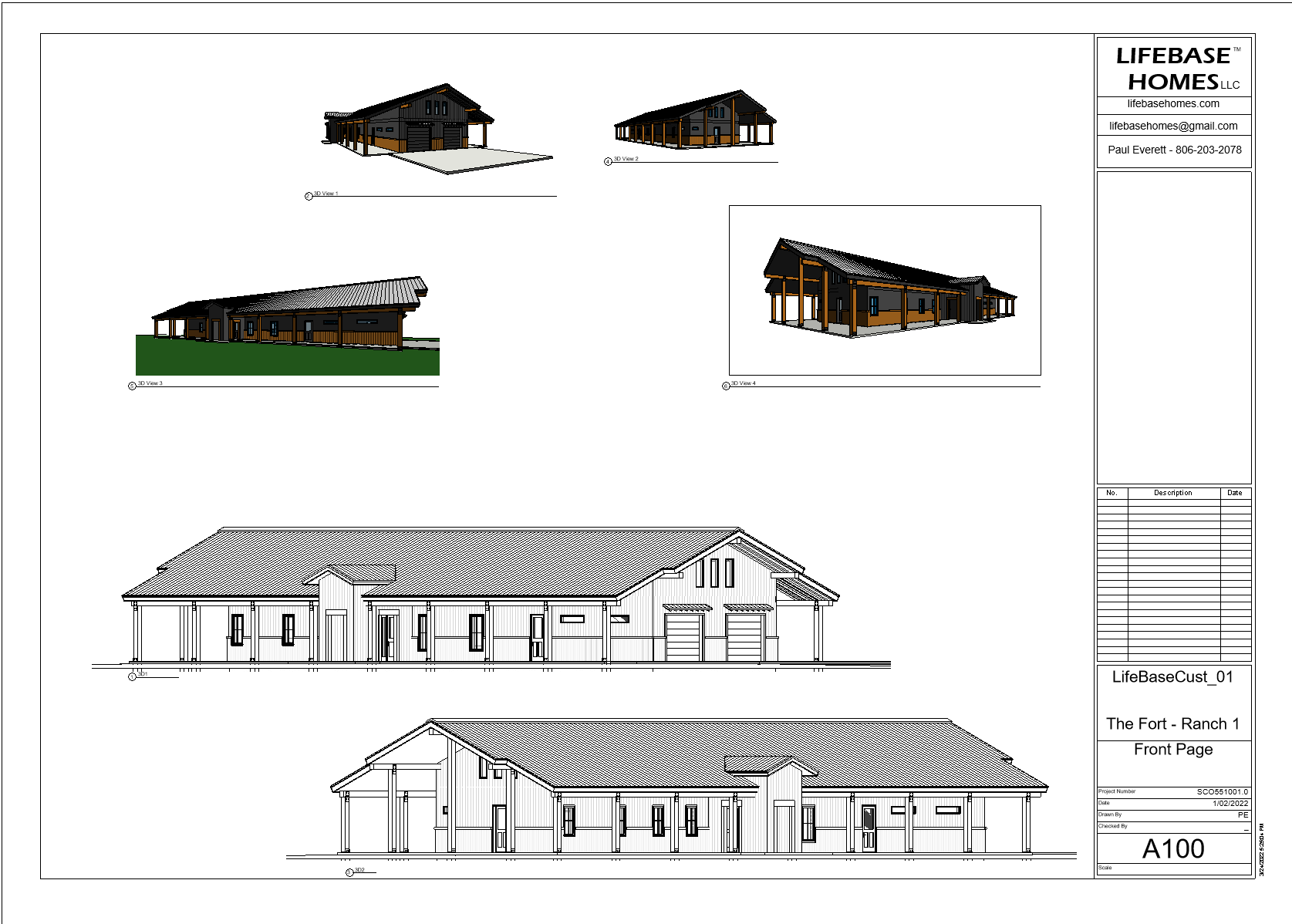 The Fort Ranch 1 — sheet A100, elevations and 3D views