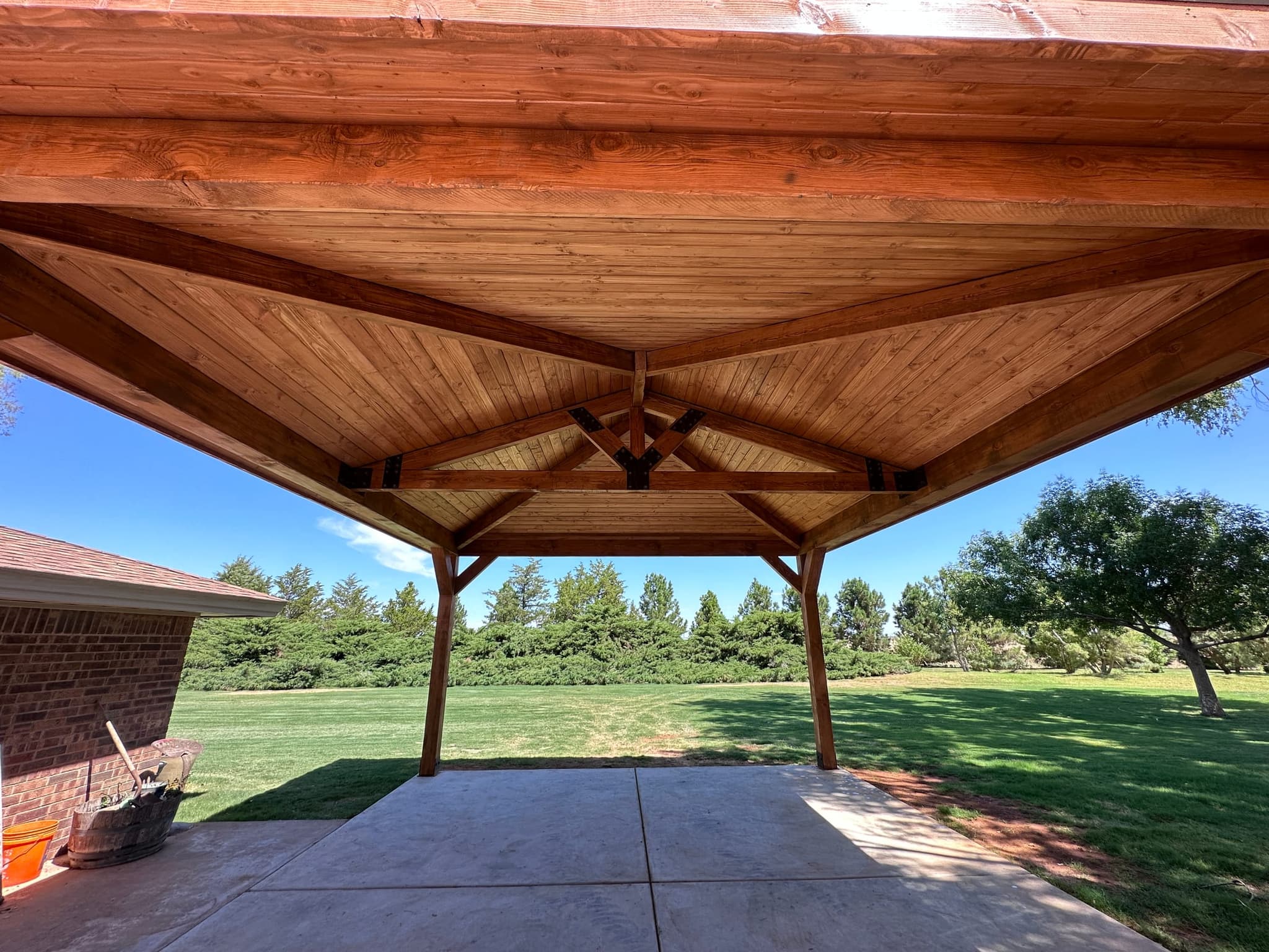 Finished tongue-and-groove pavilion ceiling seen from underneath